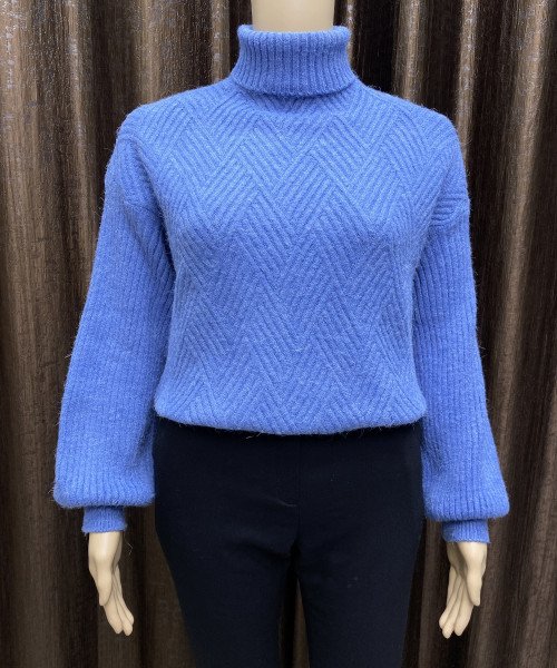 Blue High Neck Knitted Pullover