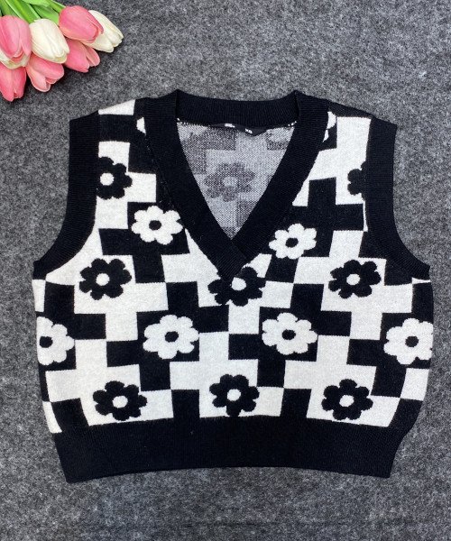 Black With White Flower Sweater Vest