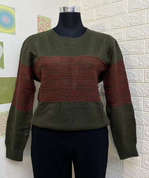 Dark  Green  Round  neck Knitted Pullover