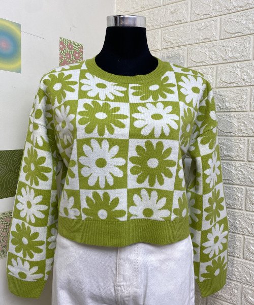 Green With White Round Neck  Knitted Pullover