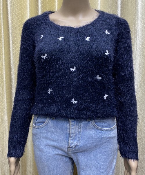 Navy Blue Round Neck Fur Pullover