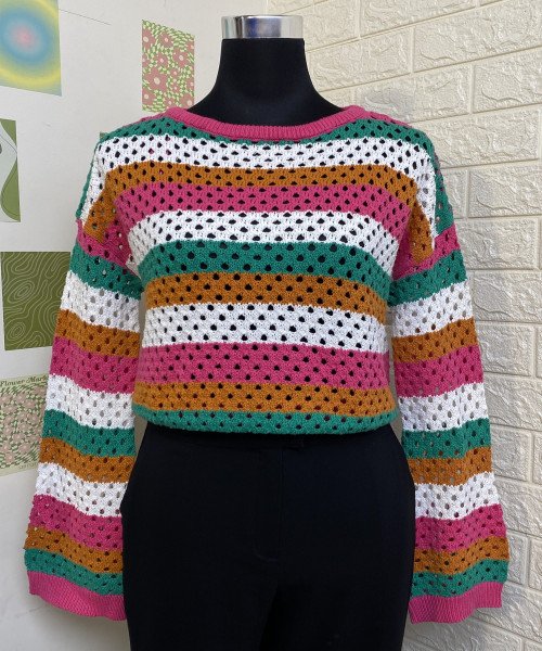 Multi Colour With  Pink Round Neck  Knitted Pullover