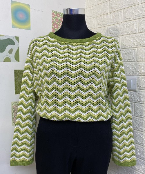 Green  With  White  Round  Neck  Knitted  Pullover