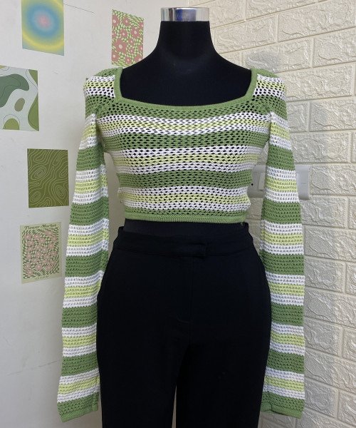 Parrot  Green  With  White  Lines Knitted Pullover