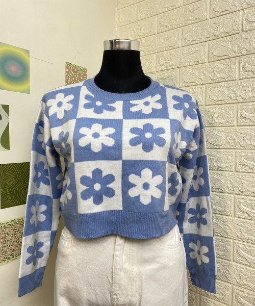 Blue  With  White  Knitted  Pullover