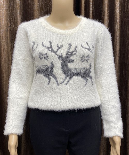 Off White Fur Pullover With Black Deer Design