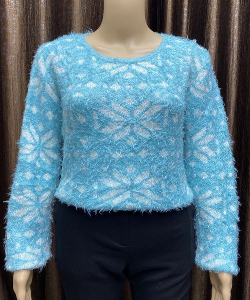 Sky Blue Fur Pullover With White Flowers