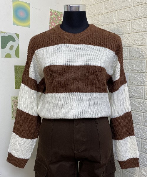 Brown With White  Round Neck  Winter Pullover