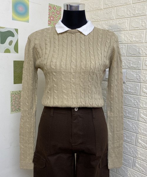 Light Brown With White  Color  Neck Knitted Pullover