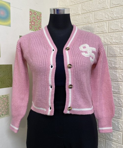 Pink With White Knitted  Cardigan