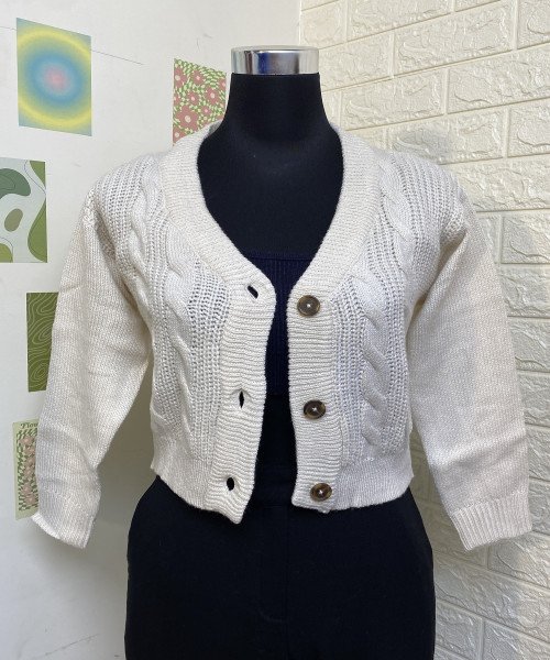 White V Neck  Winter Cardigan