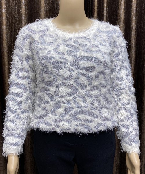 White Fur Pullover With Black Print