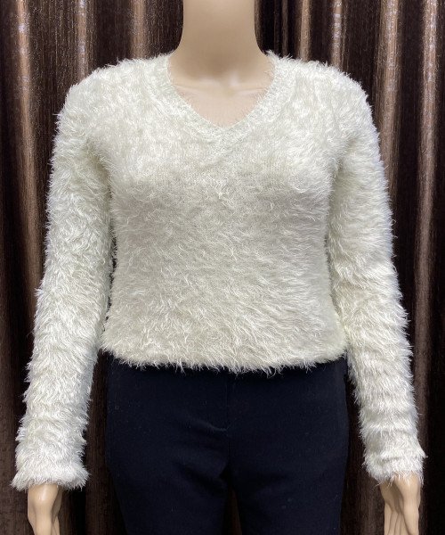 White Fur Pullover With V Neck