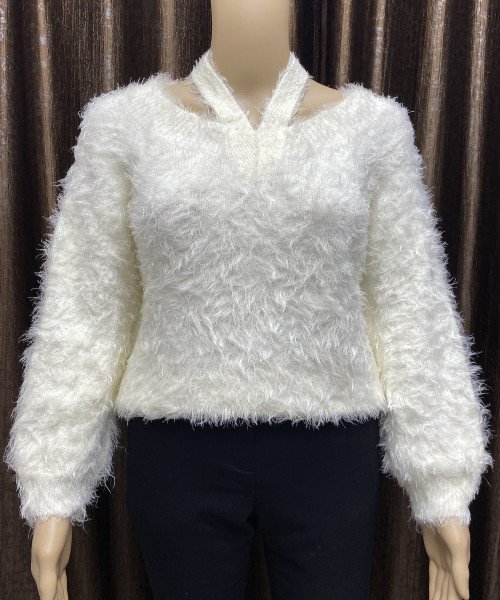 White Fur Pullover With front Neck Design