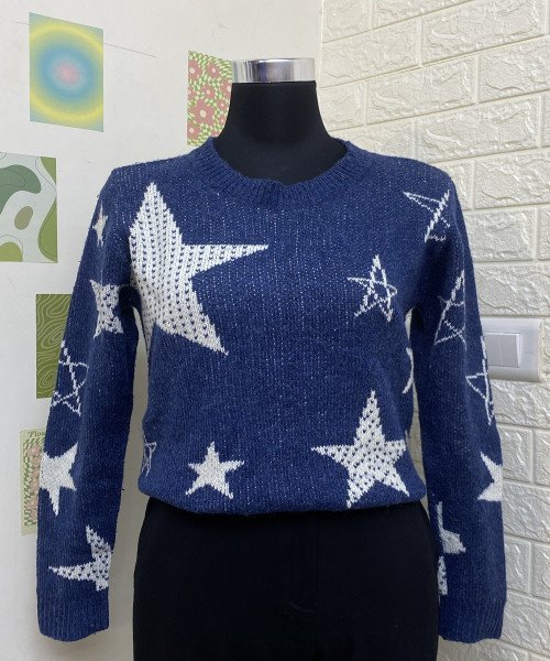 Blue With White Star Print Knitted Pullover