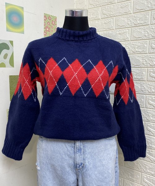 Navy Blue With Red Turtle Neck Pullover