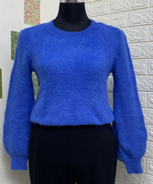 Blue Round Neck Fur Pullover