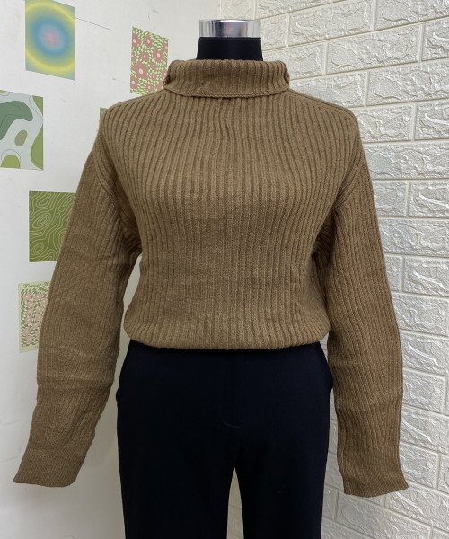 Brown Knitted High Neck Pullover