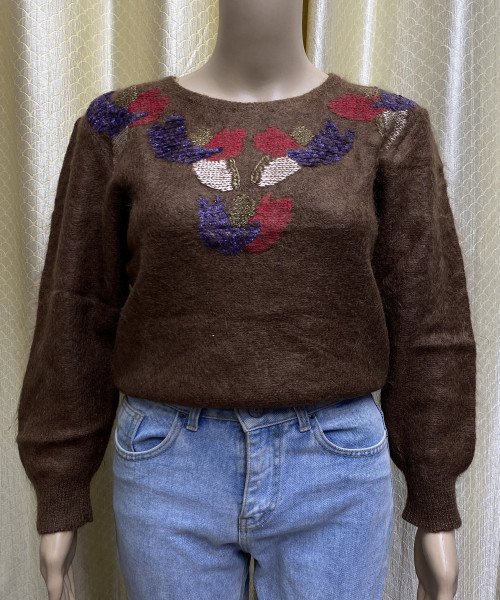 Brown Flower Print Knitted Pullover