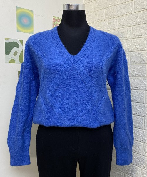 Blue V Neck Knitted Pullover