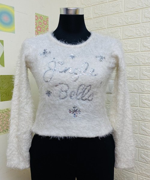 White Round Neck Winter Fur Pullover