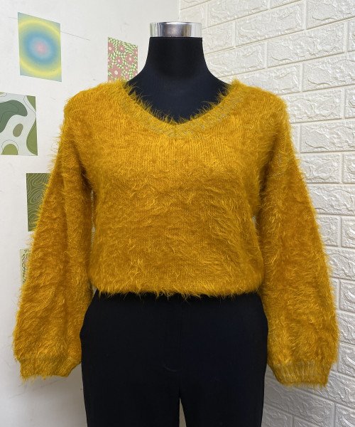 V Neck Yellow Fur Pullover