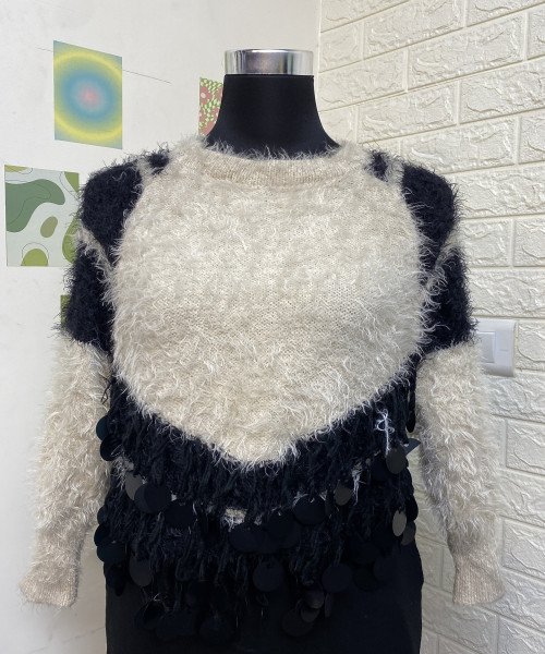 White With Black Fur Pullover