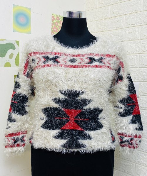 White Printed Fur  Pullover