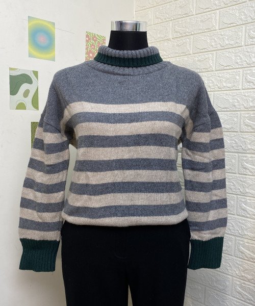 Green With Grey Turtle Neck Knitted Pullover