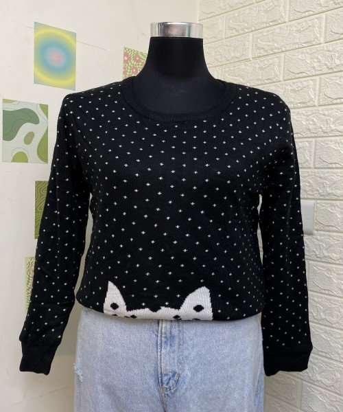 Black With White Cat Printed Knitted Pullover