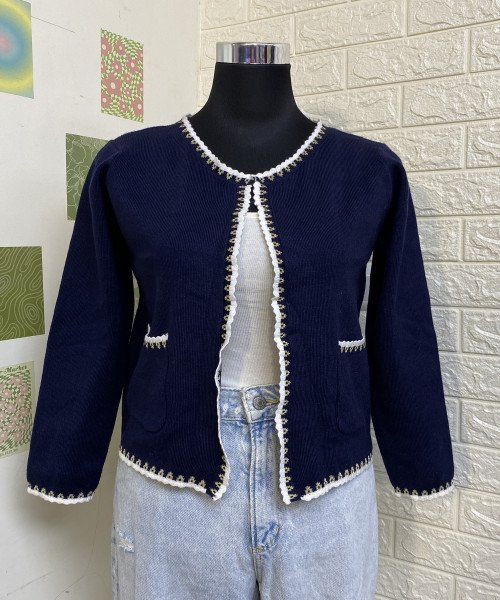 Navy Blue  With White  Line Knitted Shrug