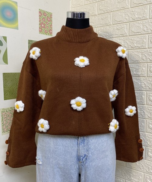 Brown With White  Flower  Winter Pullover