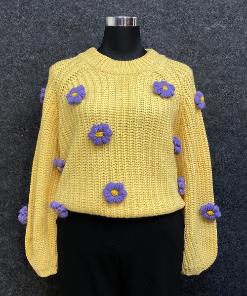 Yellow With Purple Flower Knitted Pullover