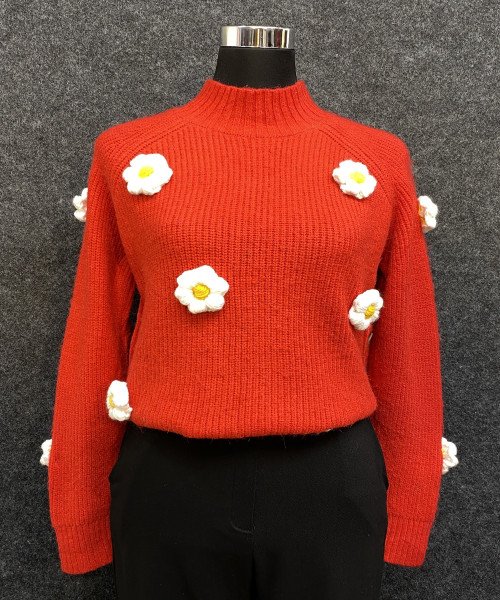 Red With White  Flower Knitted Pullover