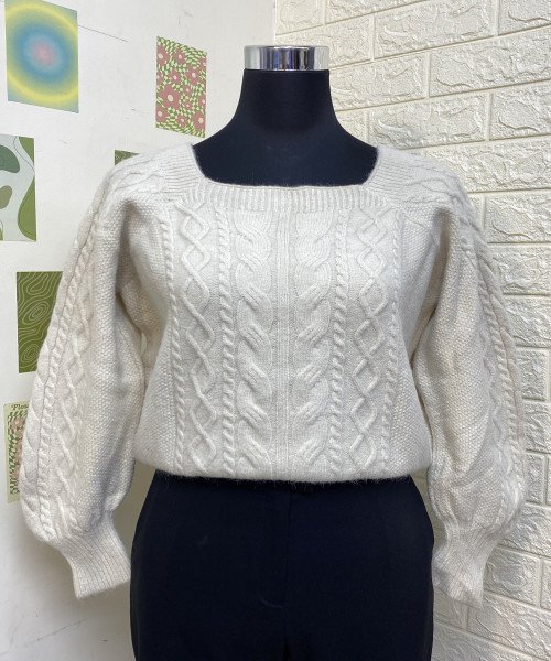 Women  White  Knitted  Pullover