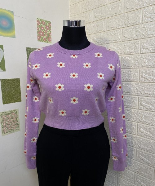 Purple With White  Flower  Knitted Pullover