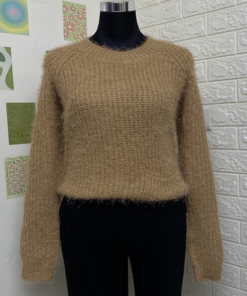 Brown  Round Neck  Fur Pullover