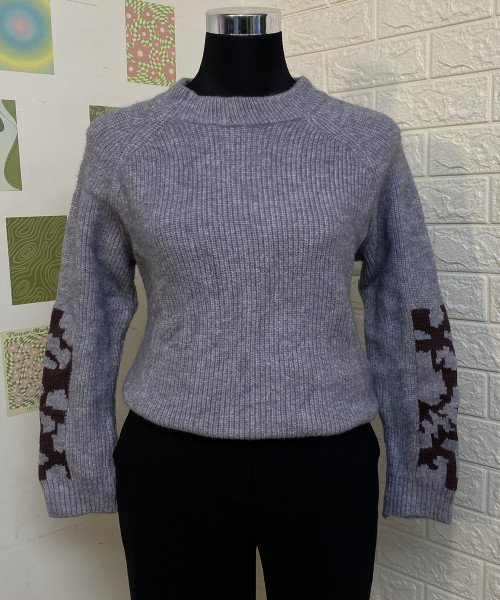 Grey With Brown Knitted  Pullover