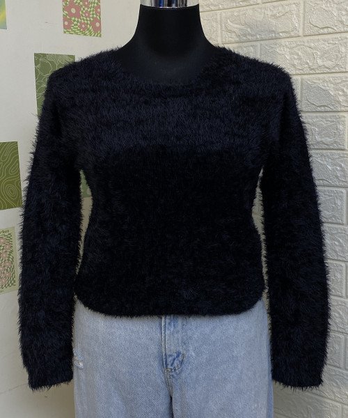 Black Round Neck Soft Fur Pullover