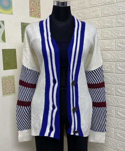 White  With Blue  Knitted  Cardigan