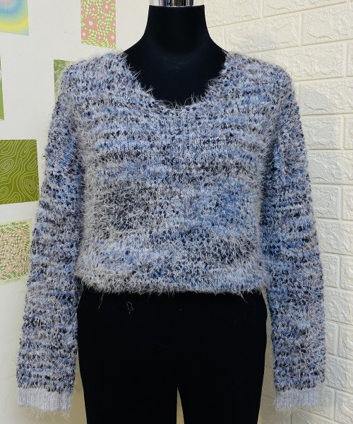 Blue Round Neck Winter Fur Pullover