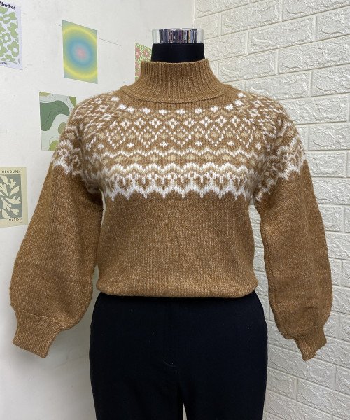 Brown With  White  Knitted Pullover