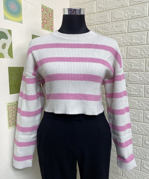 Pink With  White  Round  Neck Pullover