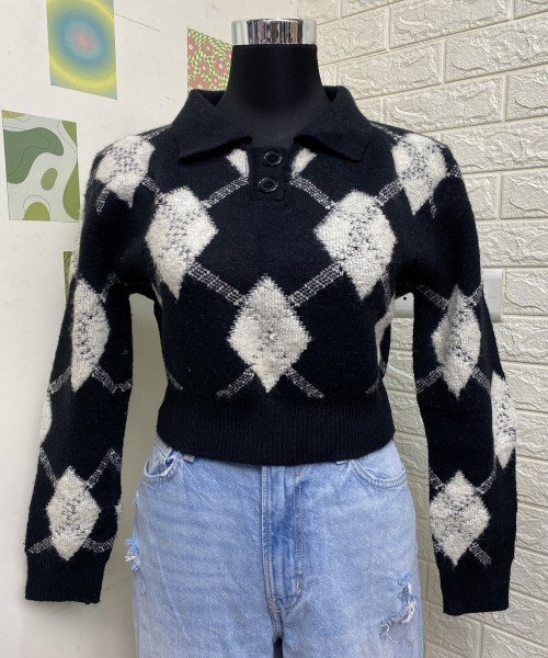 Black With  White  Knitted  Sweater