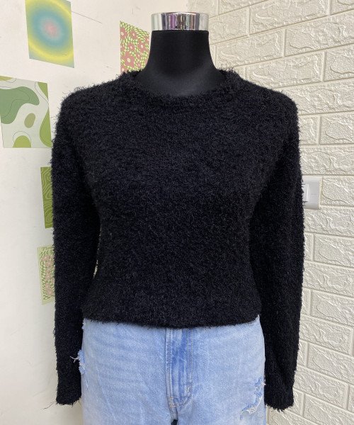 Black Round Neck Winter Fur  Pullover