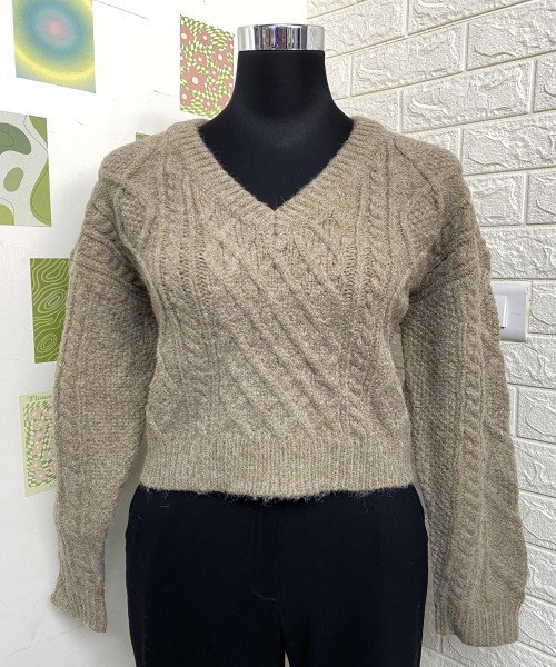 V Neck Brown Knitted Pullover