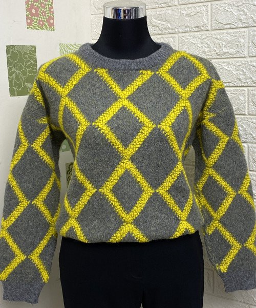 Grey With  Yellow  Knitted  Pullover