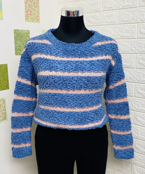 Blue With Pink Fur Knit Pullover