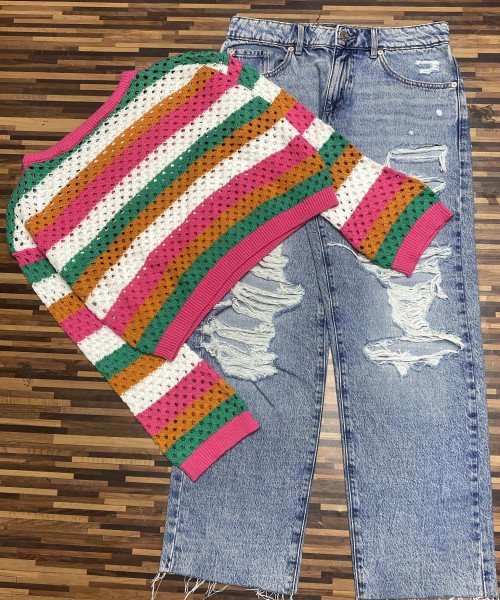 Blue Jeans With Multi Colour Pullover