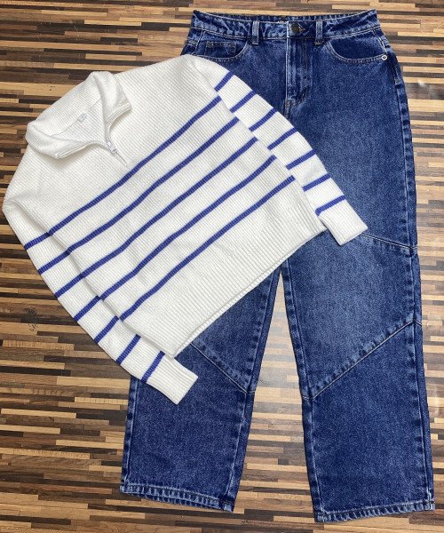 Blue With Jeans White And Blue Line Pullover